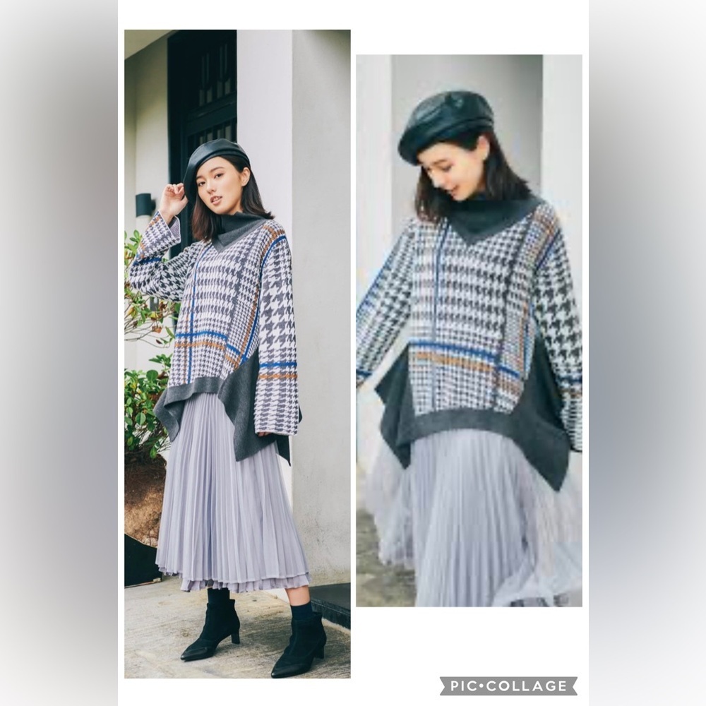 Initial Parisian Street Style Houndstooth Preppy Wool Blend Sweater Size M